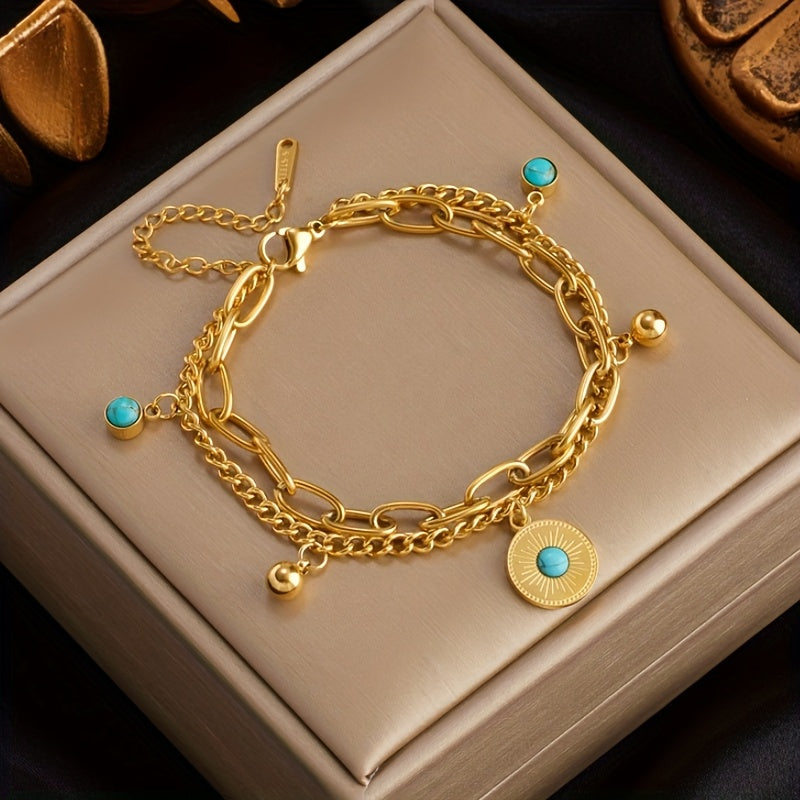 Elegante Gouden Turquoise Gelaagde Kettingarmband
