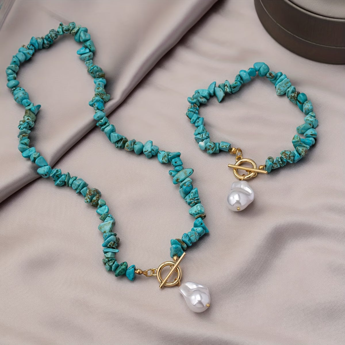 Turquoise & Parel Ketting Armband Set