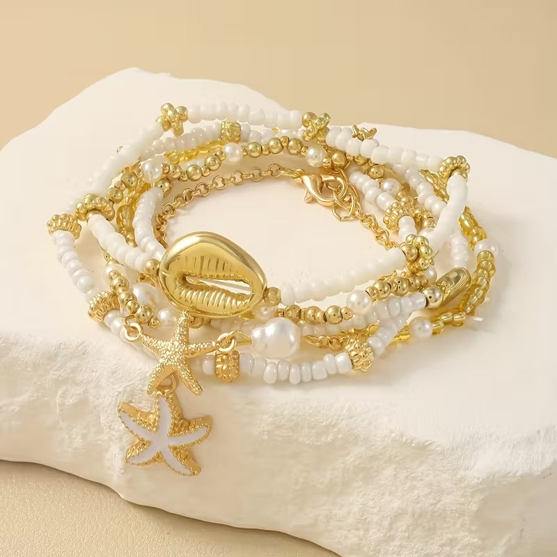 Kust Gouden & Parel Armband Set van 6