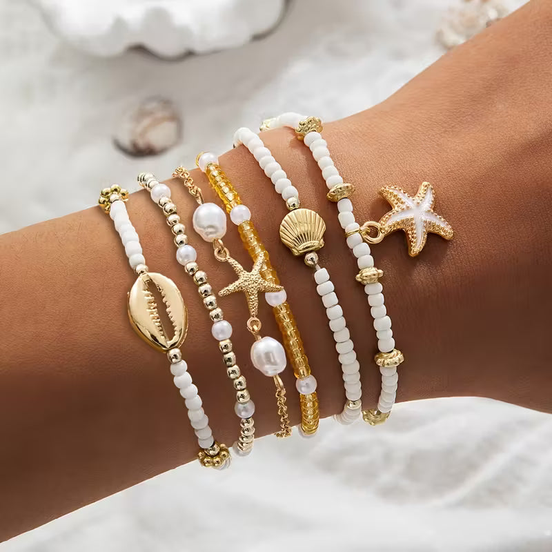 Kust Gouden & Parel Armband Set van 6