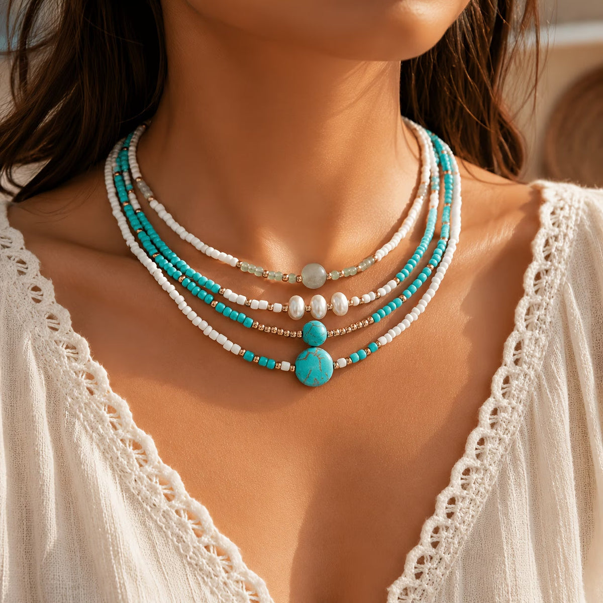 Boheemse Parel en Turquoise Kralen Armband Set