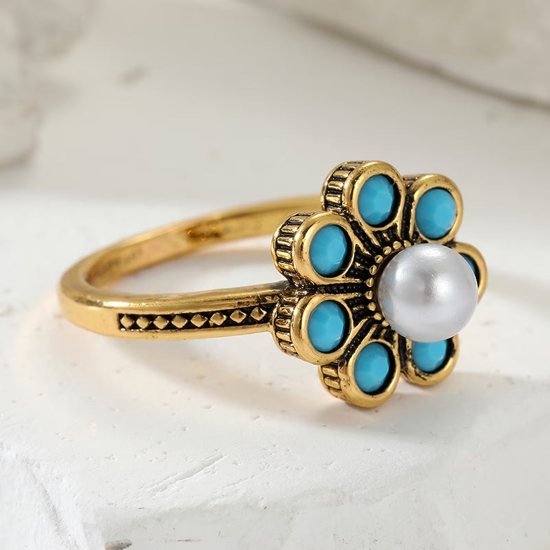 Elegante Bloemige Turquoise Parelring