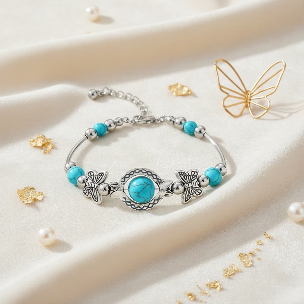 Vintage Zilveren Turquoise Vlinder Armband