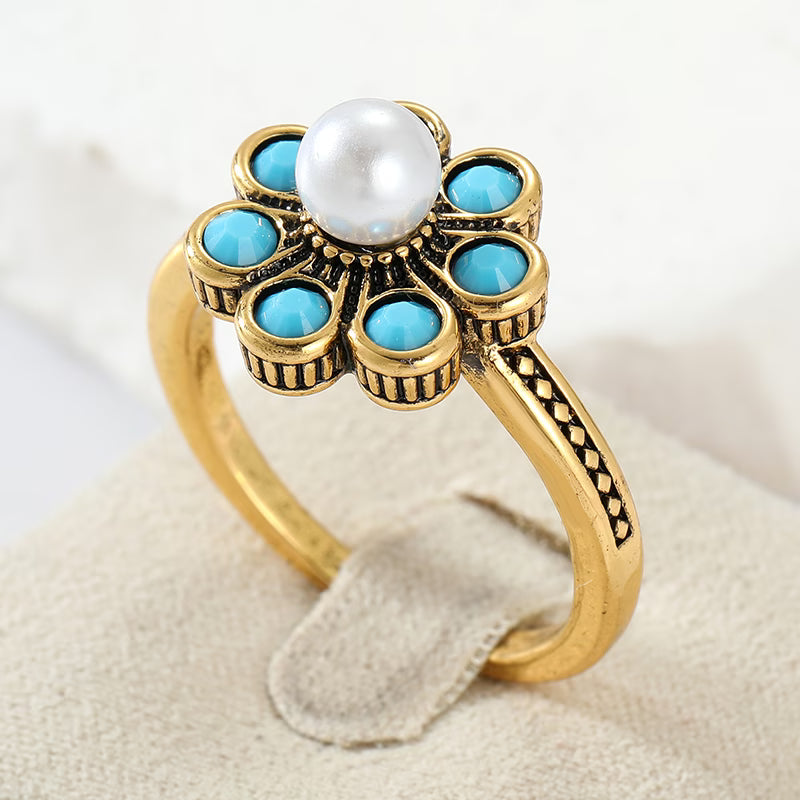 Elegante Bloemen Turquoise Parelring