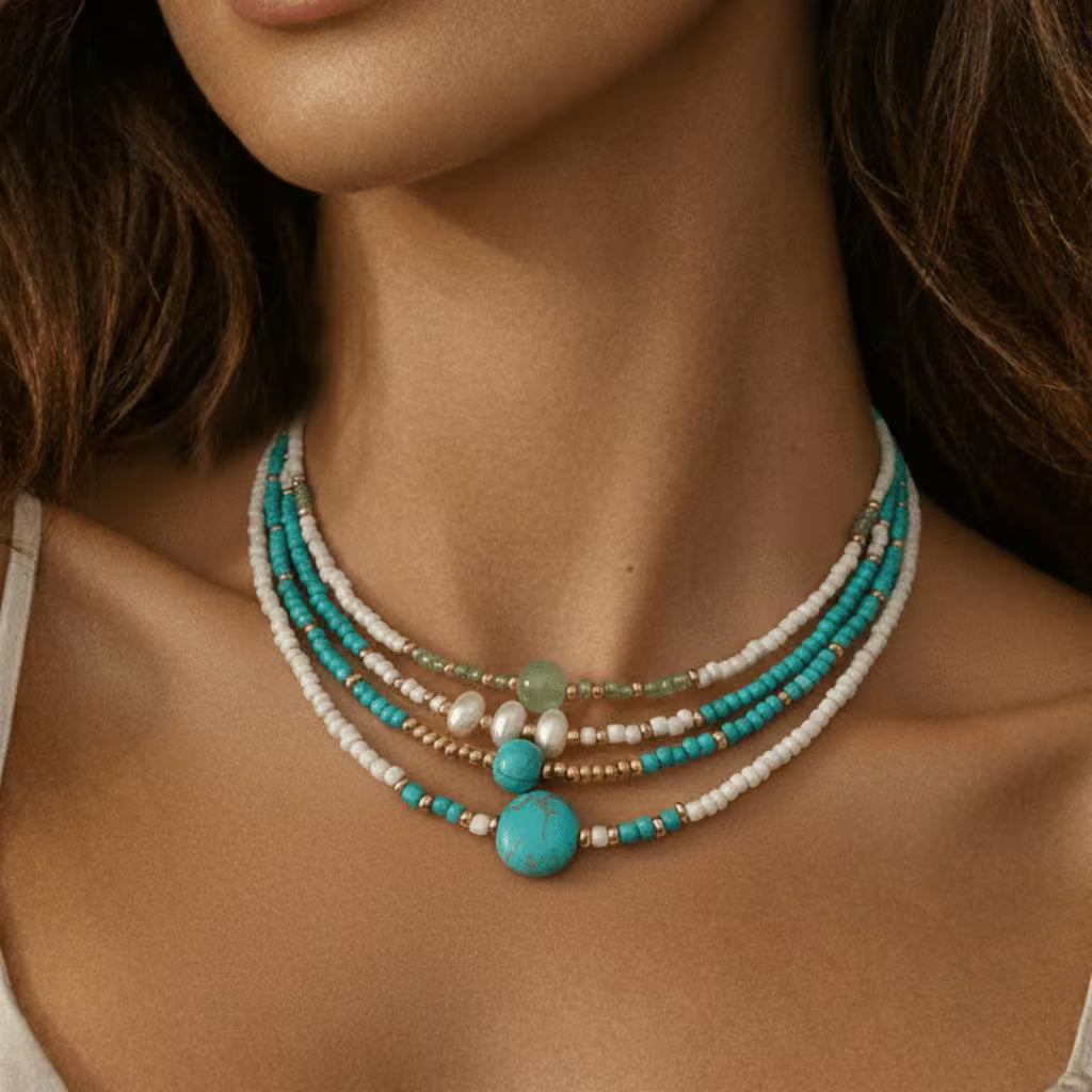 Boheemse Parel en Turquoise Kralen Armband Set