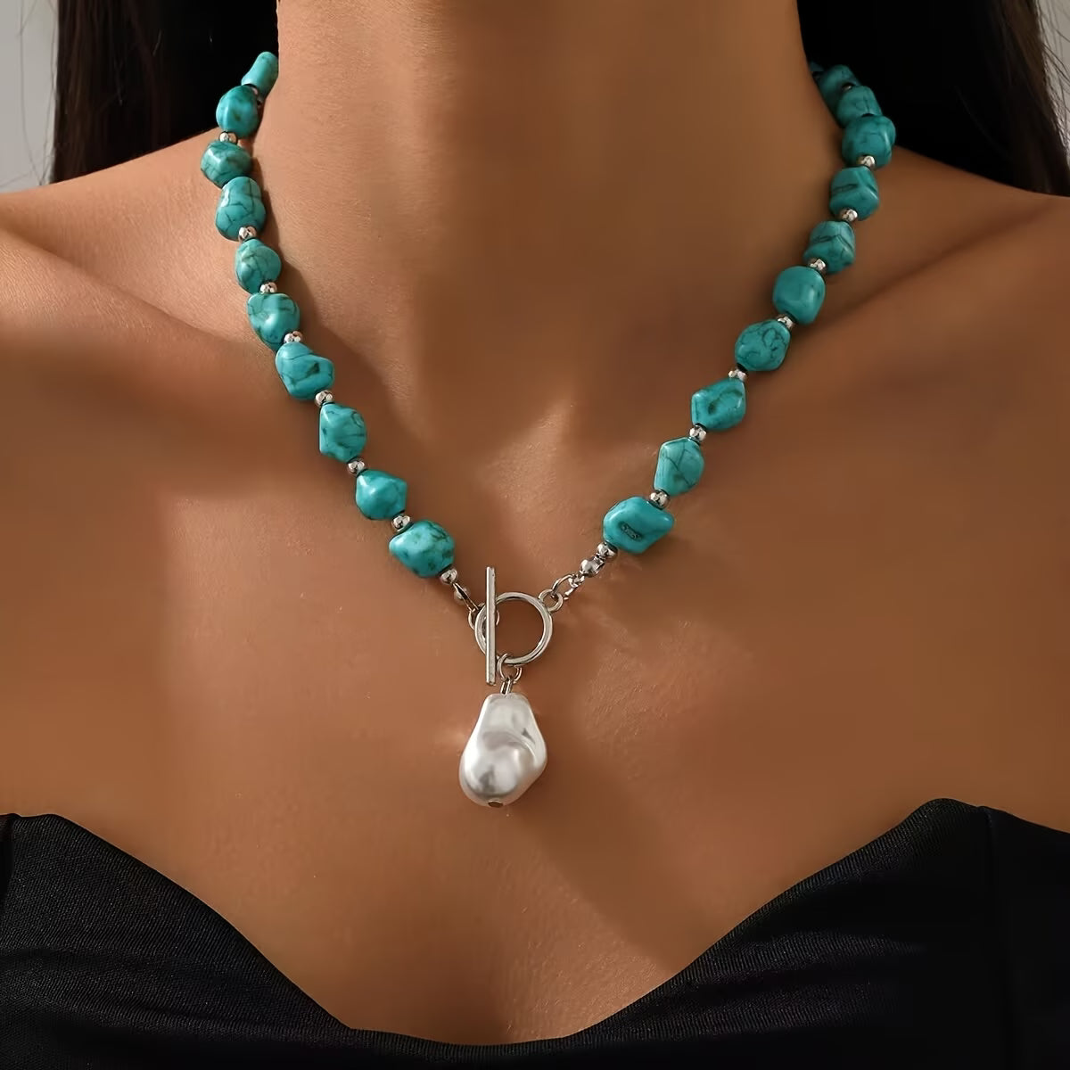 Turquoise & Parel Zilveren Ketting