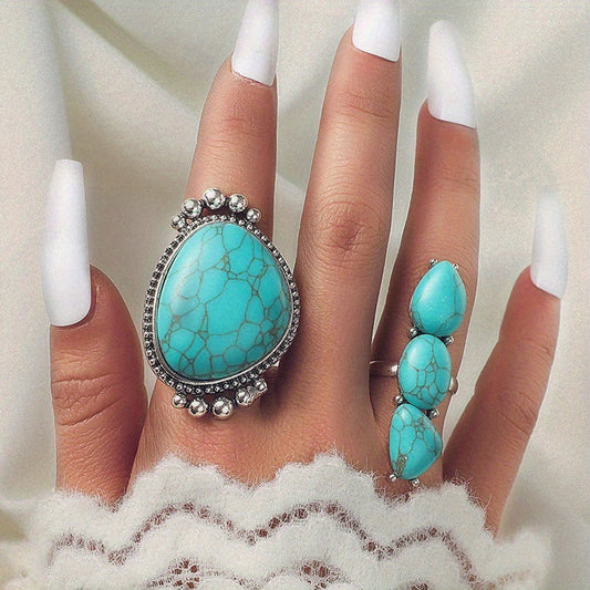 Bohemian Turquoise Statement Ring Set van 2