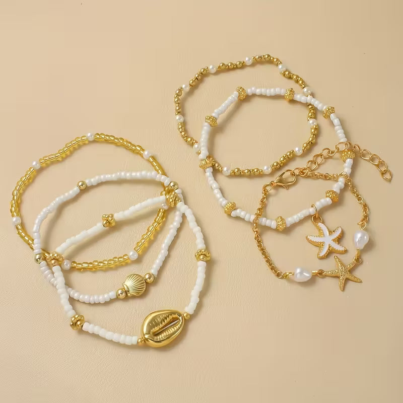 Kust Gouden & Parel Armband Set van 6