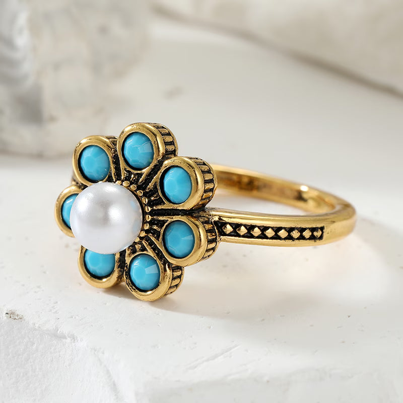 Elegante Bloemen Turquoise Parelring