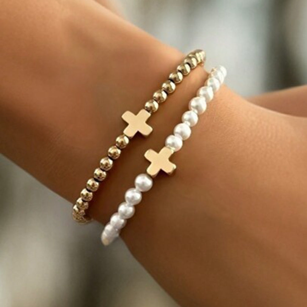 Delicate Parels Cross Armband Set
