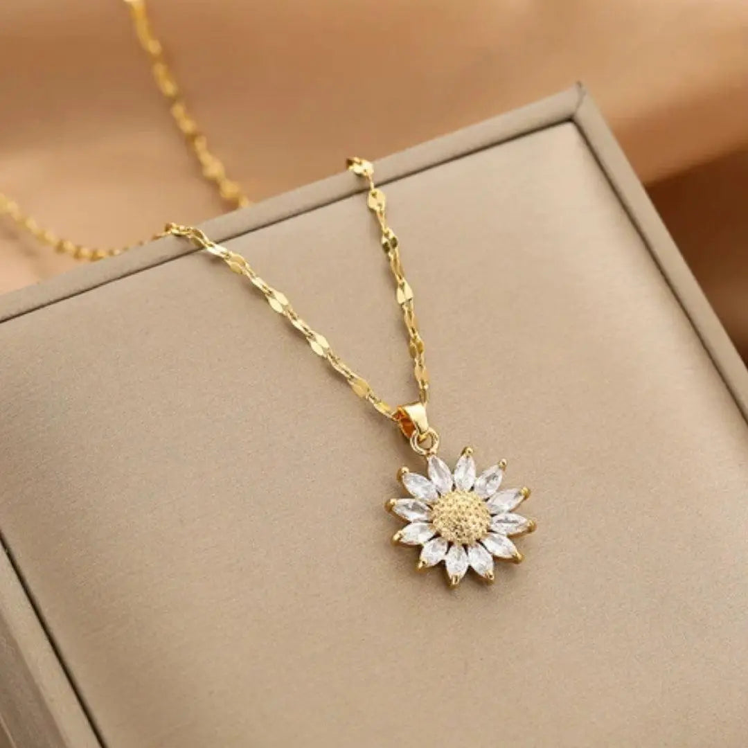Collier met Zonnebloem Hanger van Goud en Kristal
