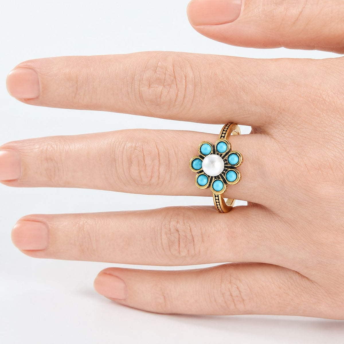 Elegante Bloemige Turquoise Parelring
