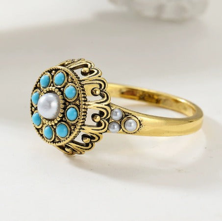 Premium Bloemige Turquoise Parelring
