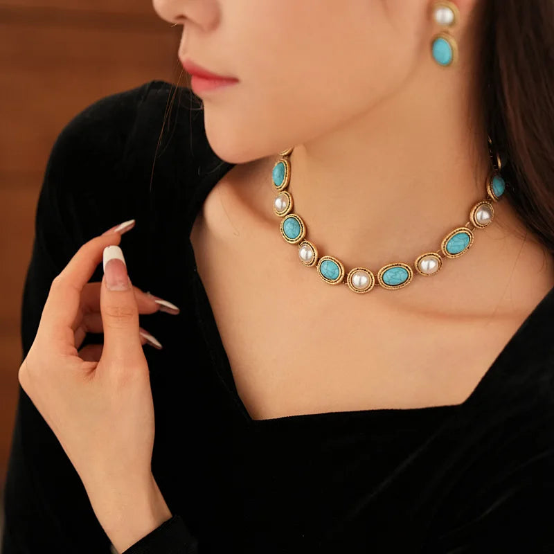 Antiek Turquoise Parel Set