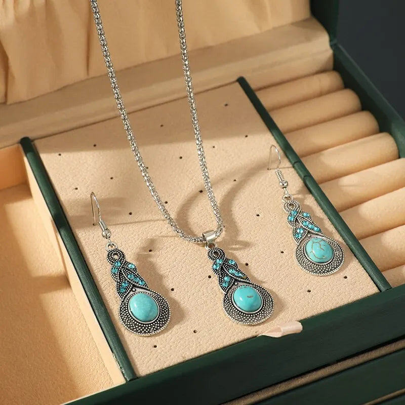 Elegante Turquoise Halsketting en Oorbellen Set