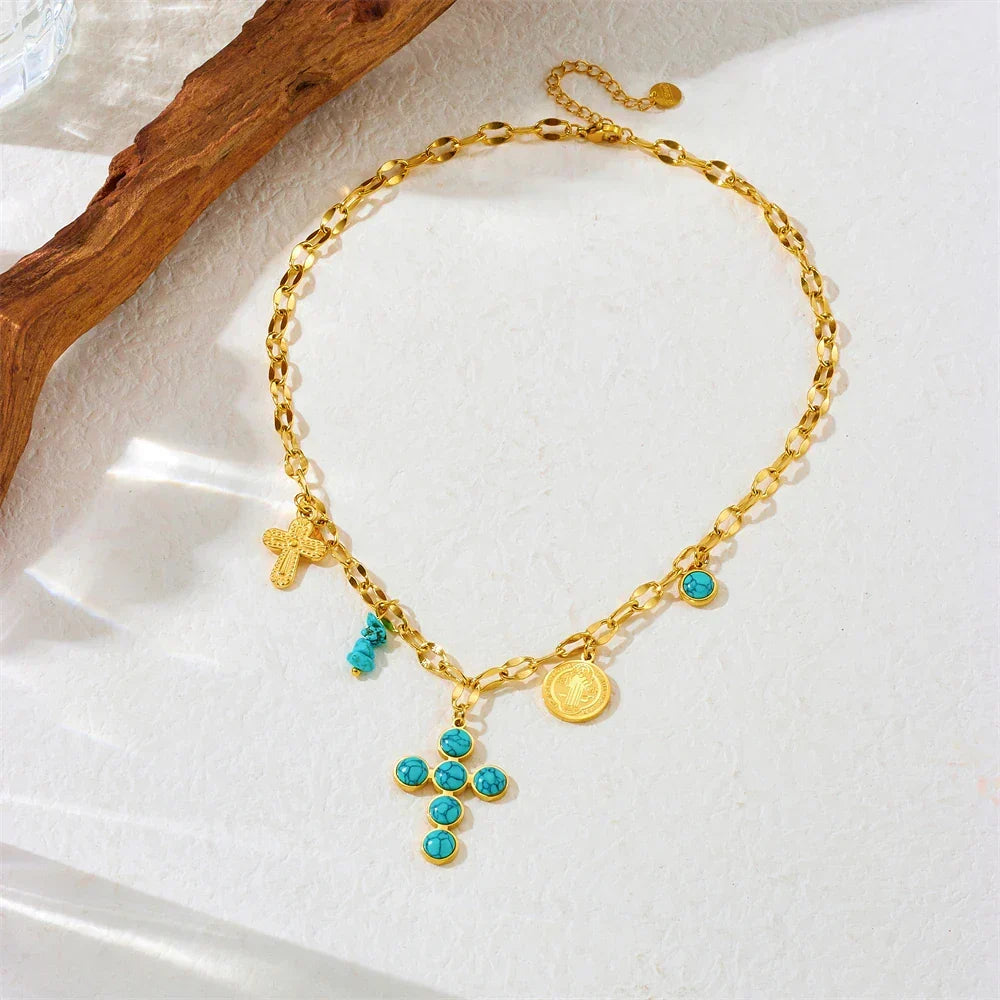 Gezegende Turquoise Edelstenen Kruzifix Ketting
