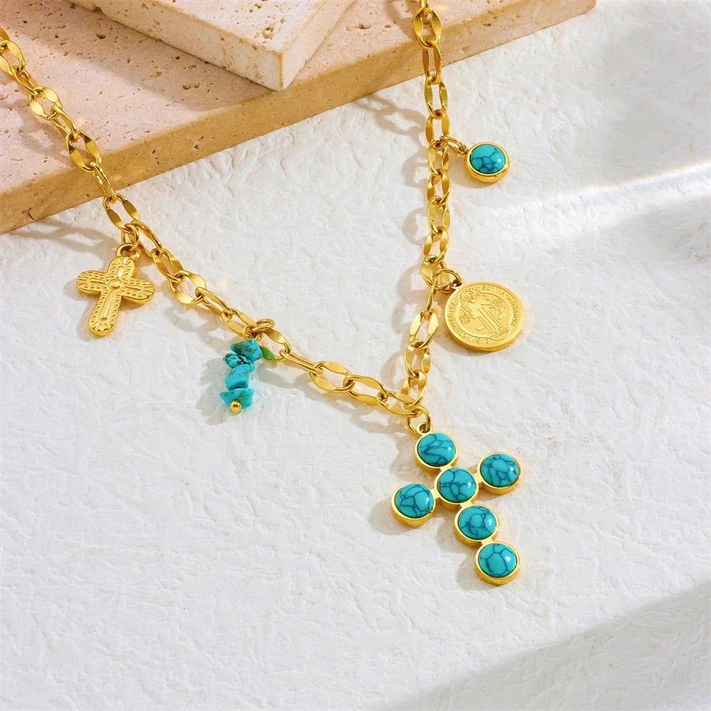 Gezegende Turquoise Edelstenen Kruzifix Ketting
