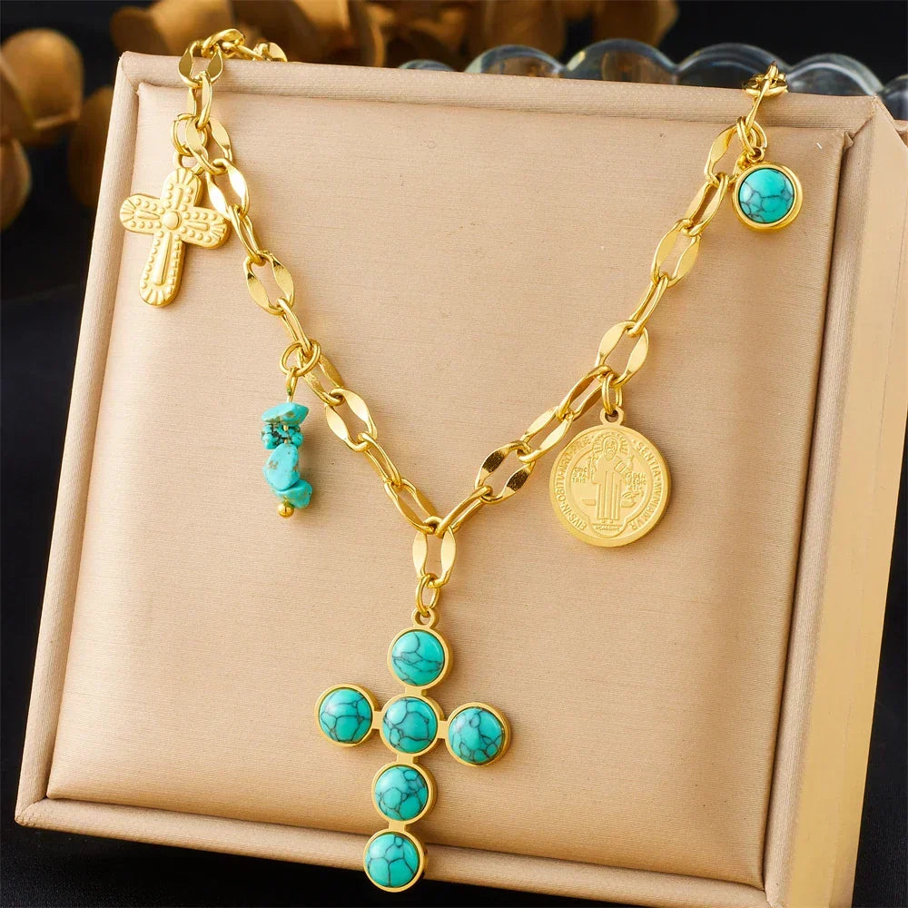 Gezegende Turquoise Edelstenen Kruzifix Ketting