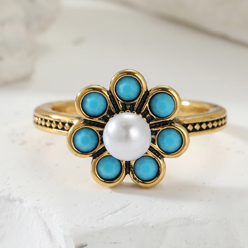 Elegante Bloemige Turquoise Parelring