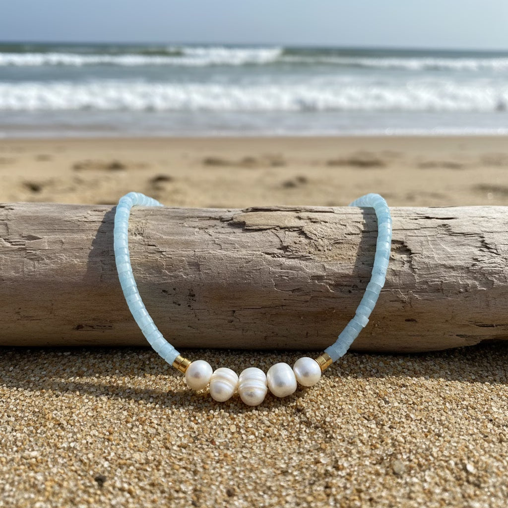 Minimale Aquamarijn Turquoise en Parel Ketting