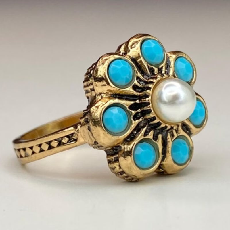 Elegante Bloemige Turquoise Parelring