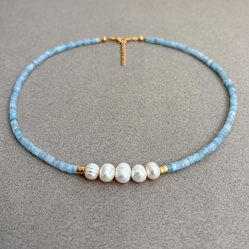 Minimale Aquamarijn Turquoise en Parel Ketting