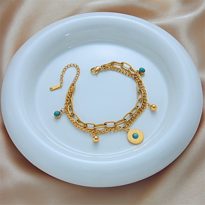 Elegante Gouden Turquoise Gelaagde Kettingarmband