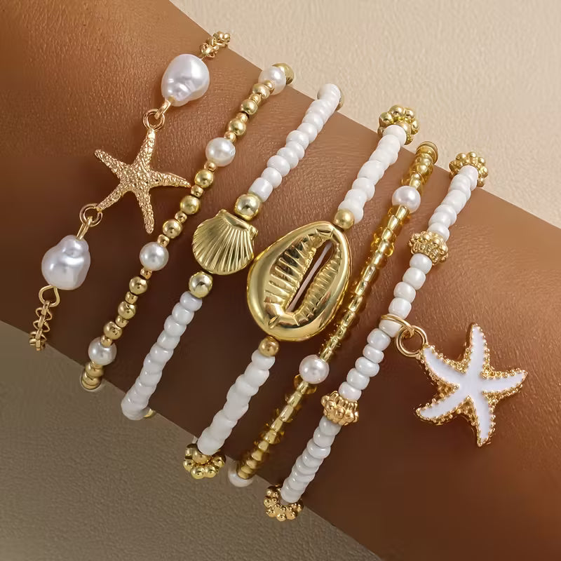 Kust Gouden & Parel Armband Set van 6