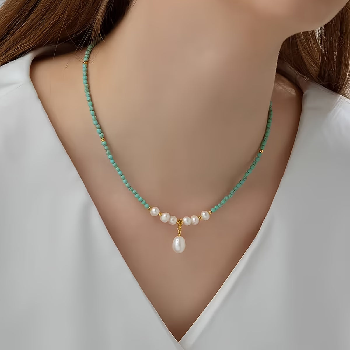 Premium Minimal Turquoise en Parel Halsketting