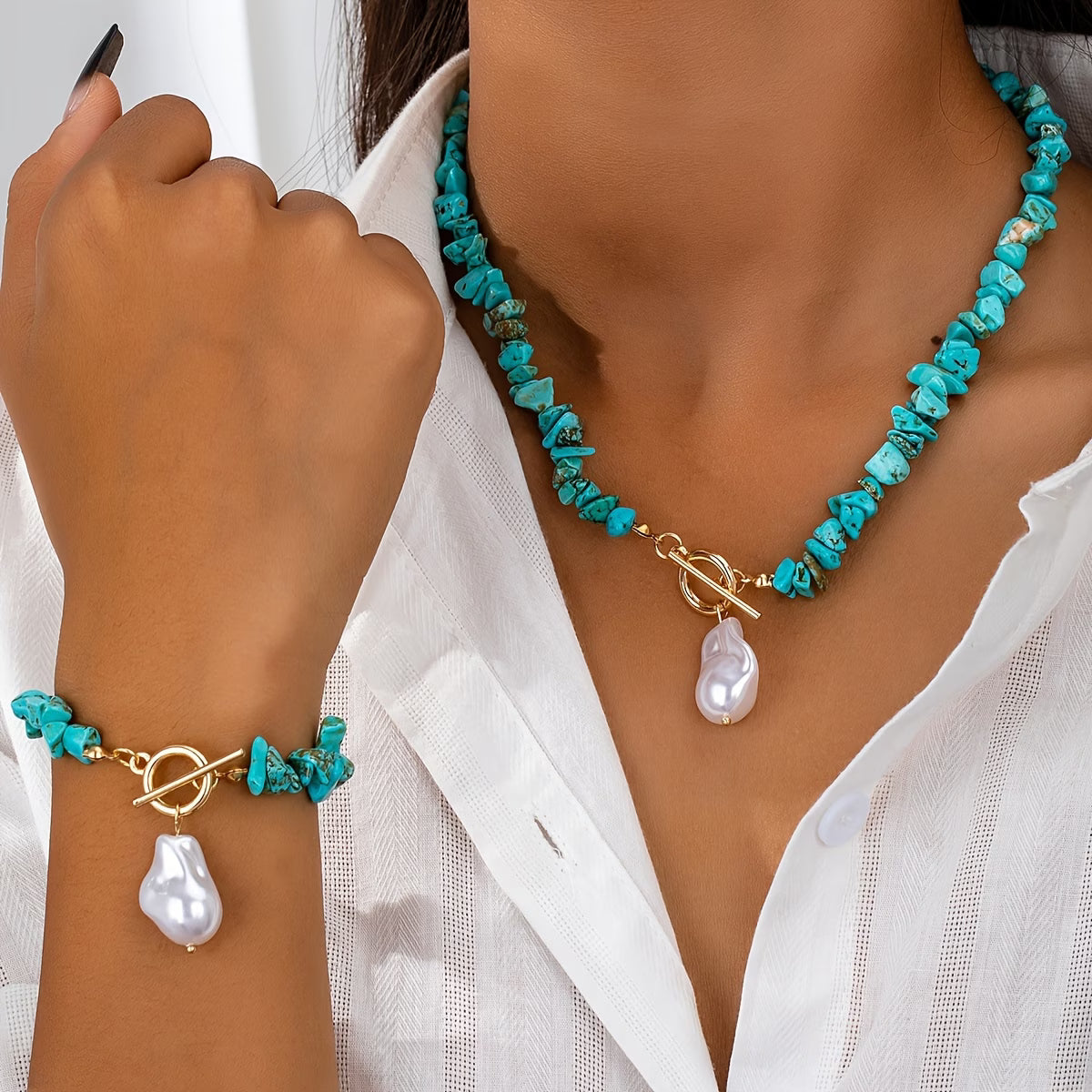 Turquoise & Parel Ketting Armband Set