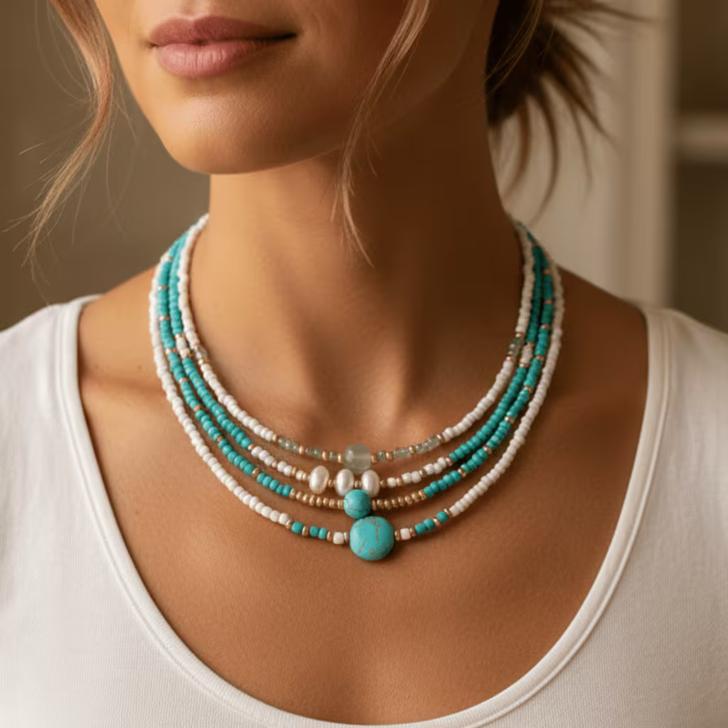 Bohemian Parel en Turquoise Kralen Armband Set