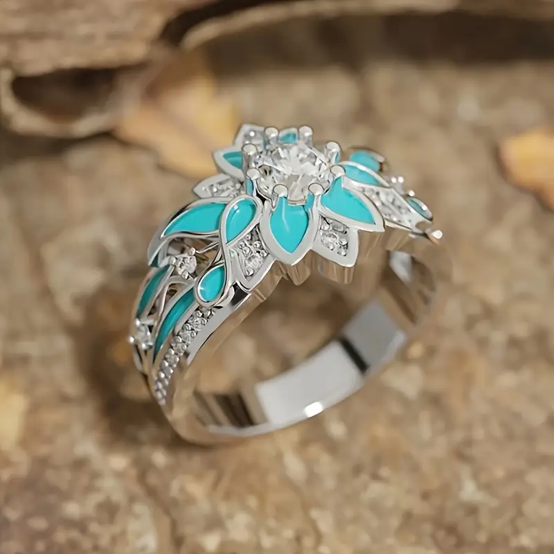 Heilige Turquoise Bloem Kristallen Ring